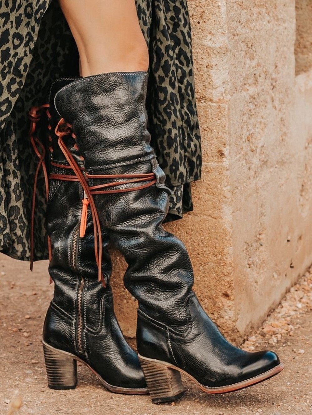 Freebird Brock tall slouchy otk boots black multi red leather women's size 7